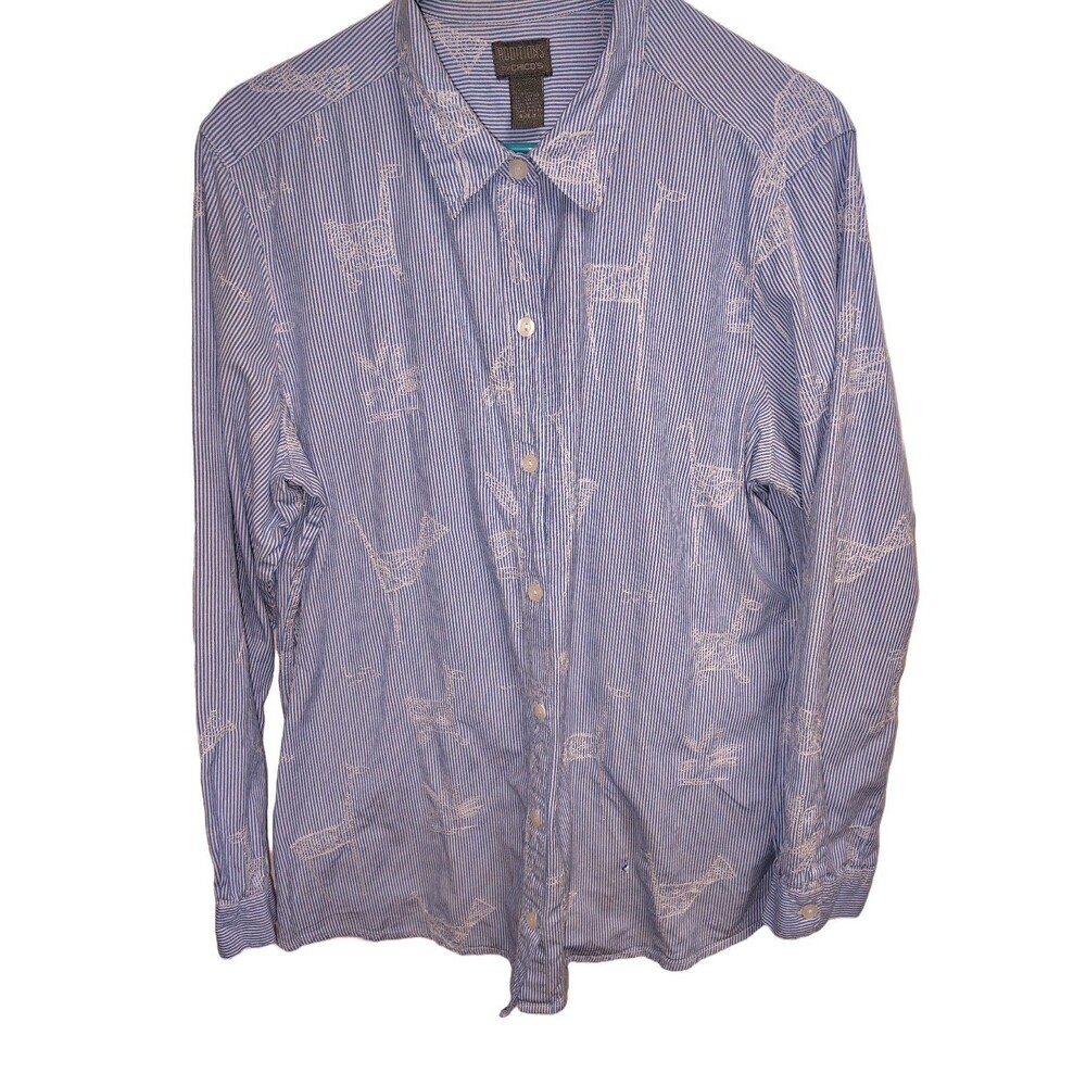 Chico’s Additions Embroidered Animal Striped Button Down Shirt - Blue/White -...